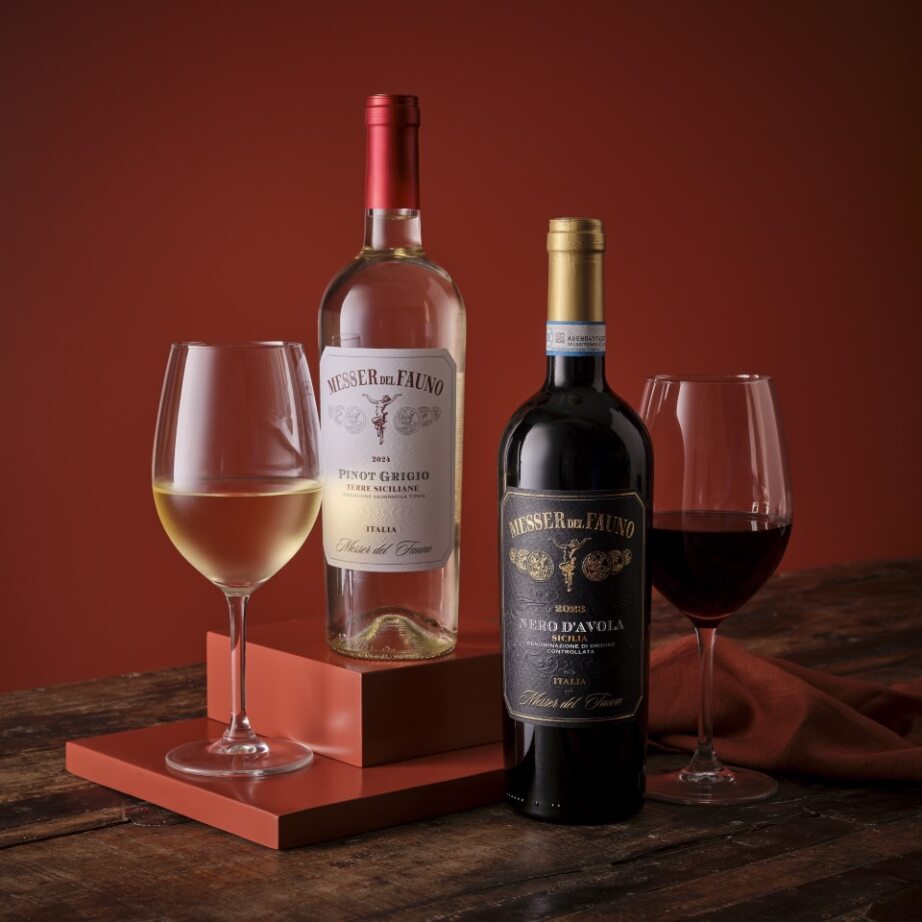 Messer del Fauno two bottle wine set featuring Pinot Grigio and Nero d Avola with wine glasses.