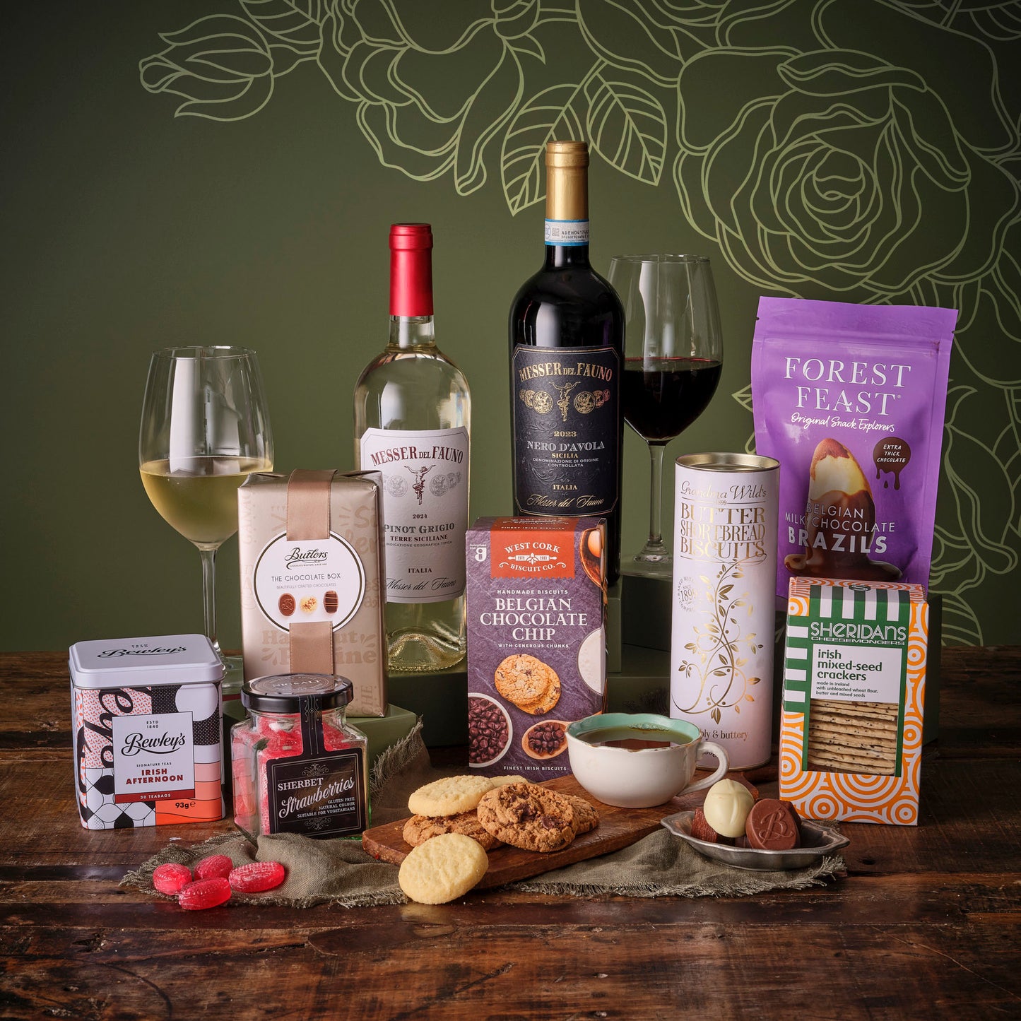 From Me to You for Mum hamper with two wine bottles chocolates biscuits and gourmet snacks on a wooden table